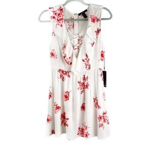 NEW Forever 21 White Red Floral Ruffle Plunge Sheer Mini Dress M Coquette